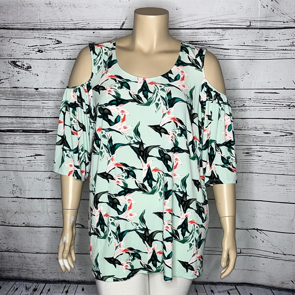 Chaus New York Size 3X Mint Green - Pink Floral Print Cold Shoulder Blouse Top